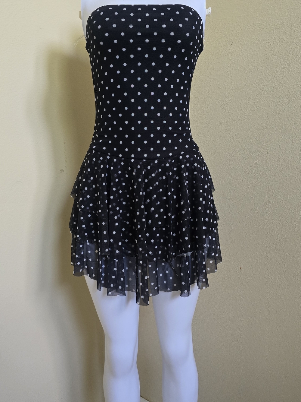 Strapless Black & White Polka Dot Tiered Mini Dress
